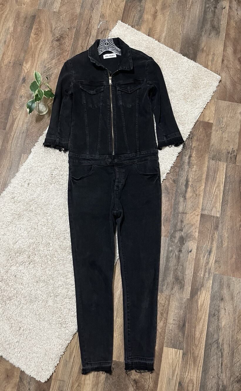 Anthropologie DL1961 Size Small Black Raw Frayed Zip Up Denim Winnie Jumpsuit